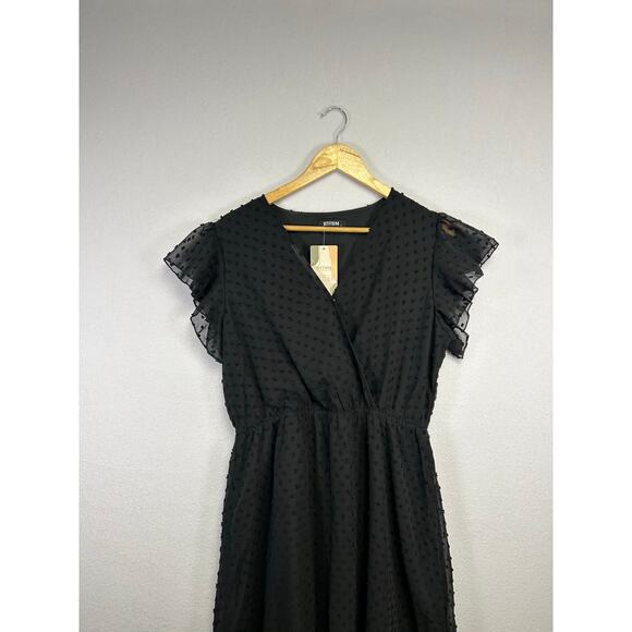 BTFBM Black Swiss Dot Vneck Ruffle Tiered Midi Dress Large - Picture 2 of 8